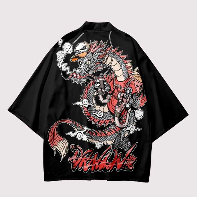 Dragon Haori with anime-style dragon graphic on black kimono jacket - Eyo Kimono