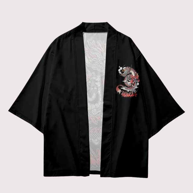 Dragon Haori with anime-style dragon graphic on black kimono jacket - Eyo Kimono