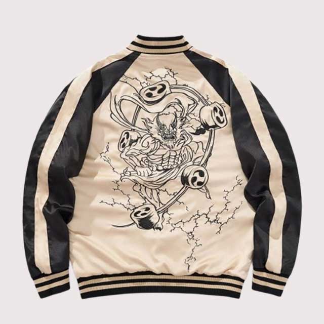 Black and beige satin sukajan jacket with detailed Japanese demon embroidery | Eiyo Kimono