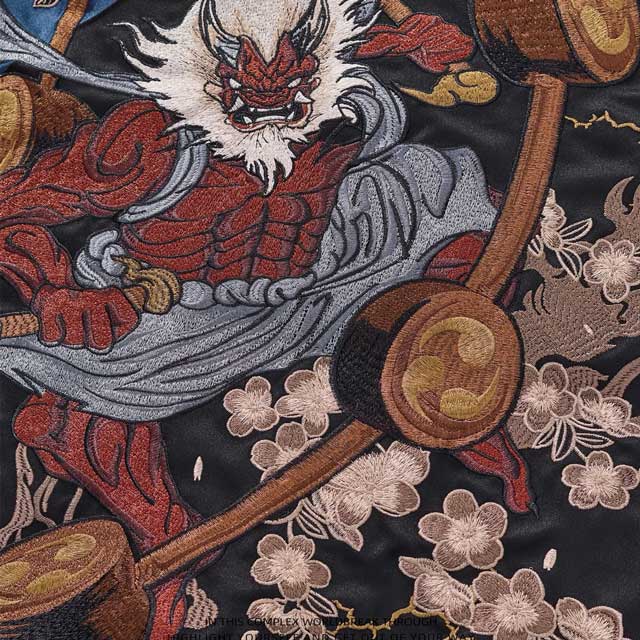 Black and beige satin sukajan jacket with detailed Japanese demon embroidery | Eiyo Kimono