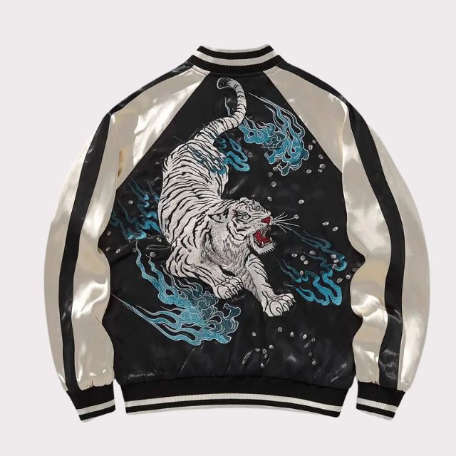 Japanese-style embroidered bomber jacket featuring tiger artwork and satin sleeves - eiyo kimono