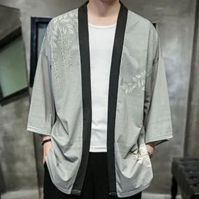 Minimalist grey Japanese haori jacket with wide sleeves and open front - eiyo kimono