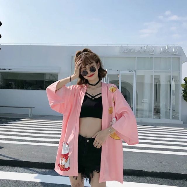 Pink haori kimono with Japanese lucky cat design worn as lightweight streetwear cardigan - eiyo kimono