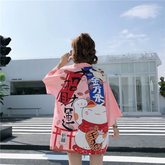 Pink haori kimono with Japanese lucky cat design worn as lightweight streetwear cardigan - eiyo kimono