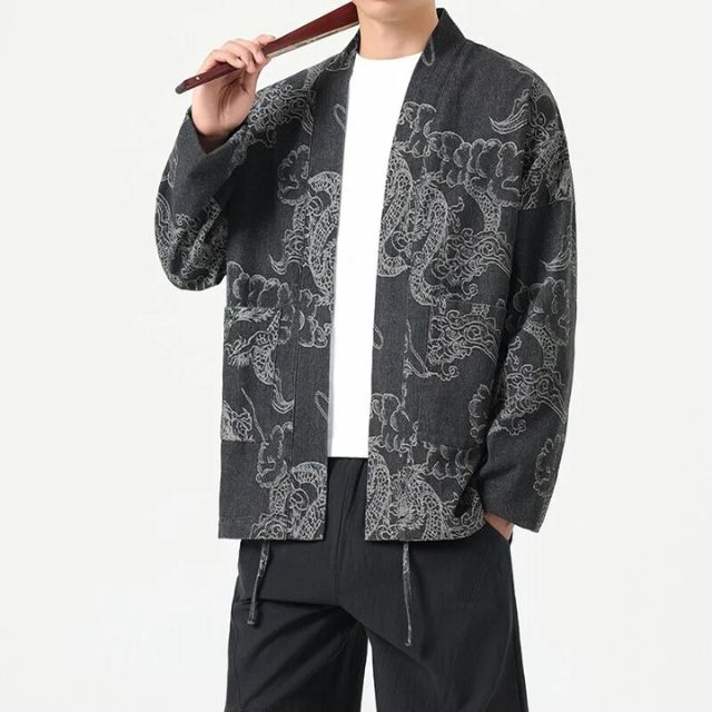 Japanese Dragon Kimono Cardigan in blue with detailed woven dragon pattern - eiyo kimono