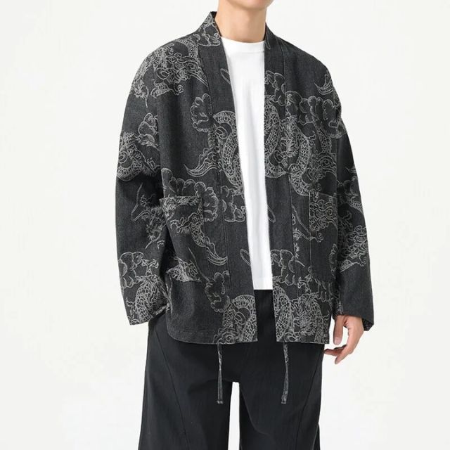 Japanese Dragon Kimono Cardigan in blue with detailed woven dragon pattern - eiyo kimono
