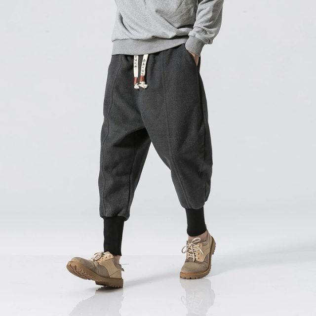 Streetwear outfit featuring black Japanese Joggers with cuffed ankles | Eiyo Kimono
