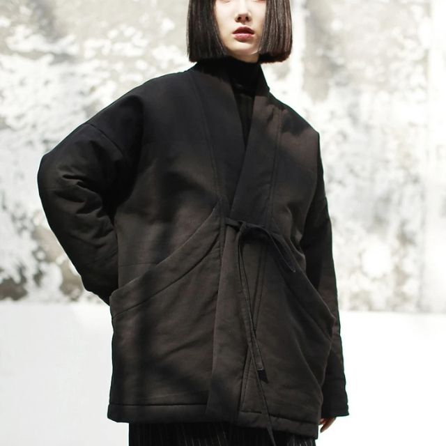 Japanese Kimono Coat black minimalist wrap jacket, modern Japanese style outerwear - eiyo kimono