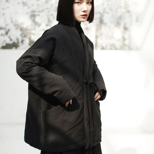Japanese Kimono Coat black minimalist wrap jacket, modern Japanese style outerwear - eiyo kimono