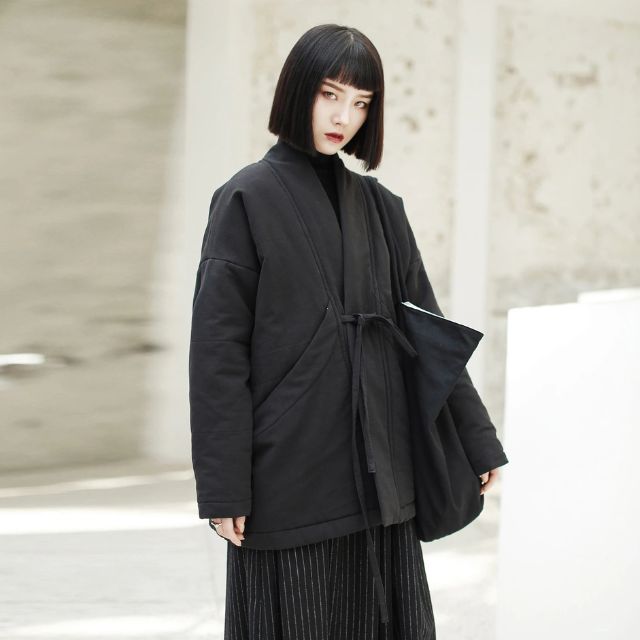 Japanese Kimono Coat black minimalist wrap jacket, modern Japanese style outerwear - eiyo kimono