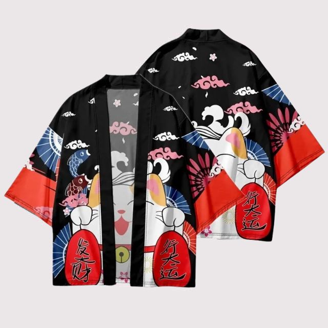 Japanese lucky cat haori with colorful maneki-neko print and traditional wave and fan motifs - eiyo kimono