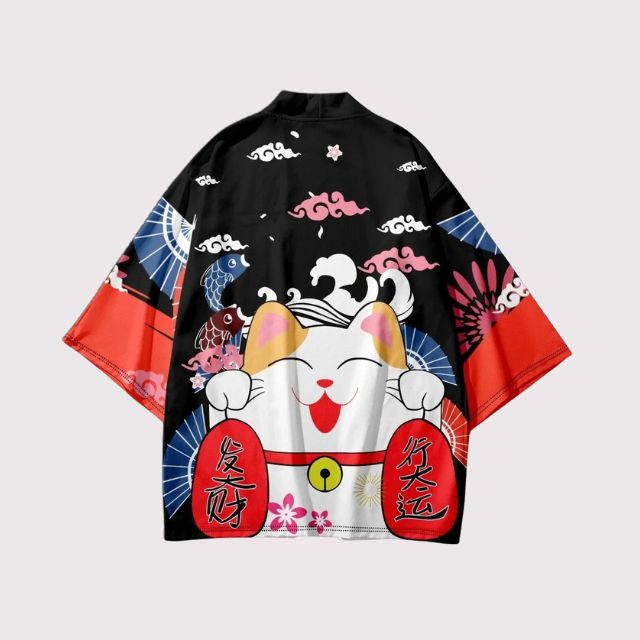 Japanese lucky cat haori with colorful maneki-neko print and traditional wave and fan motifs - eiyo kimono