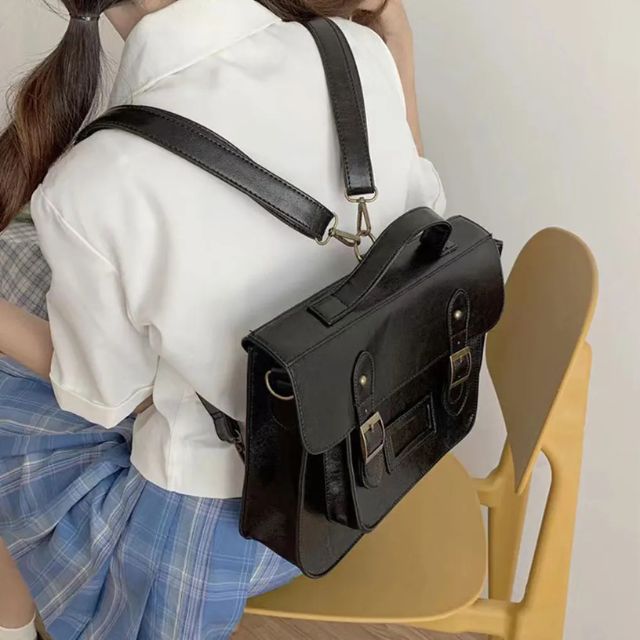 Japanese school bag with structured design and shoulder strap styled with Japanese school uniform - eiyo kimono