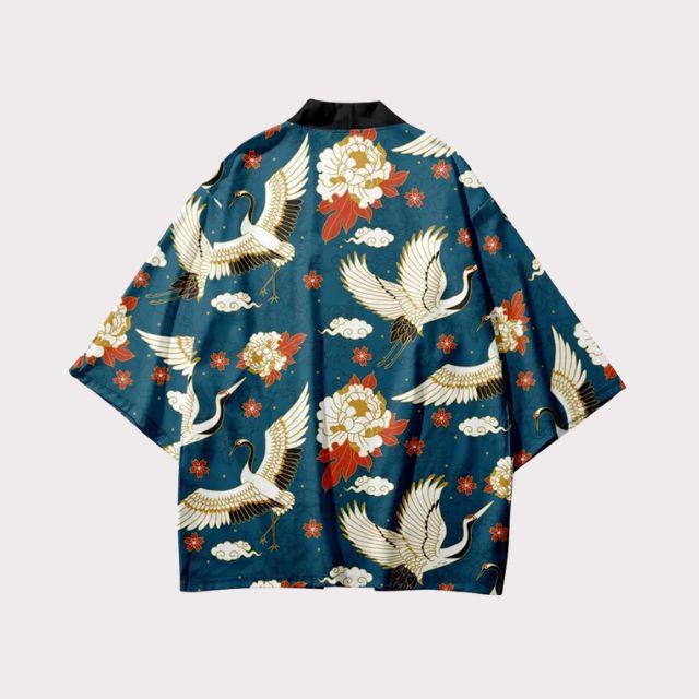 Teal Japanese haori jacket featuring crane motifs and relaxed kimono sleeves - eiyo kimono