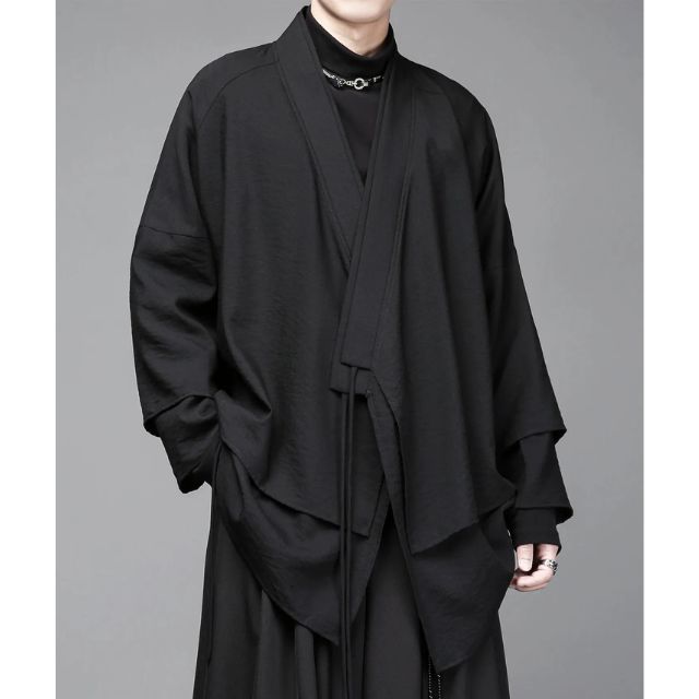 Layered kimono cardigan in black with asymmetrical design and wide sleeves - eiyo kimono