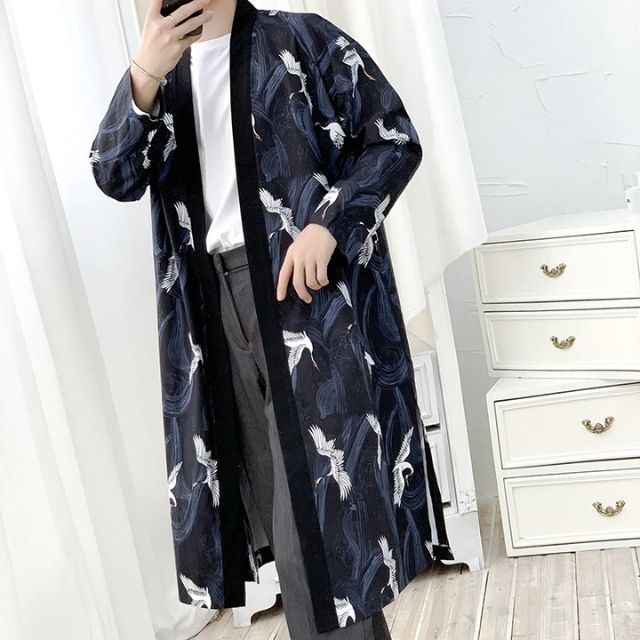 Long Japanese kimono cardigan with crane pattern and flowing silhouette - eiyo kimono