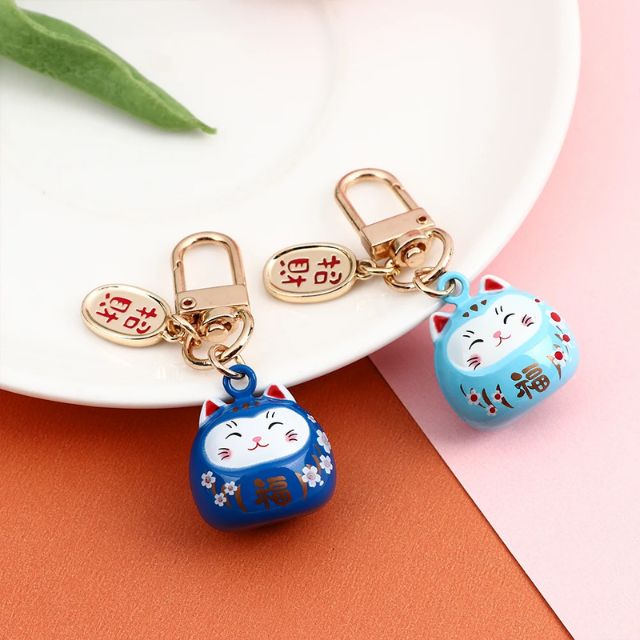 Colorful Lucky Maneki Neko keychains with ceramic finish and metal clasp - eiyo kimono