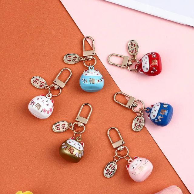 Colorful Lucky Maneki Neko keychains with ceramic finish and metal clasp - eiyo kimono