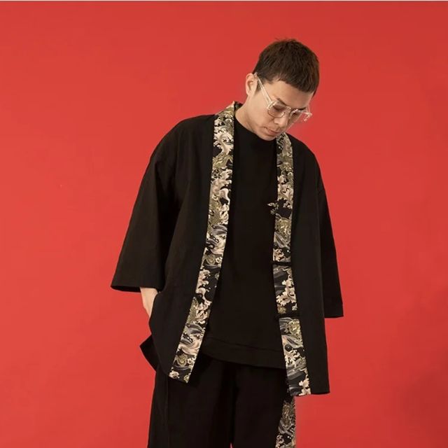 Black kimono cardigan robe with patterned inner trim and relaxed open-front fit - Eiyo Kimono