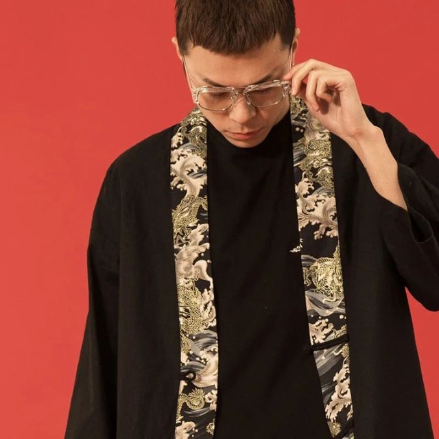 Black kimono cardigan robe with patterned inner trim and relaxed open-front fit - Eiyo Kimono