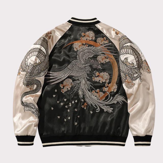 Phoenix Sukajan Jacket with embroidered phoenix bird and cherry blossoms on satin fabric - eiyo kimono