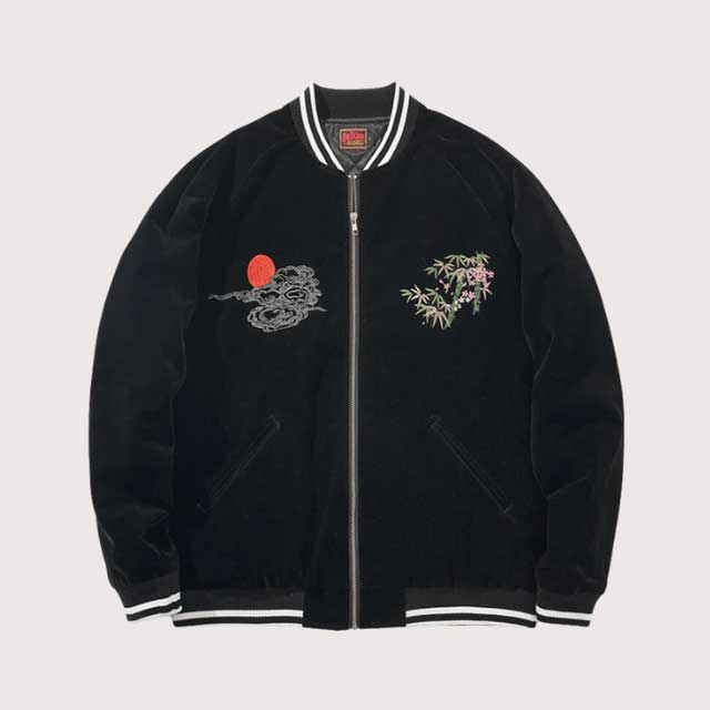 embroidered black souvenir bomber jacket with tiger and mount fuji design – eiyo kimono