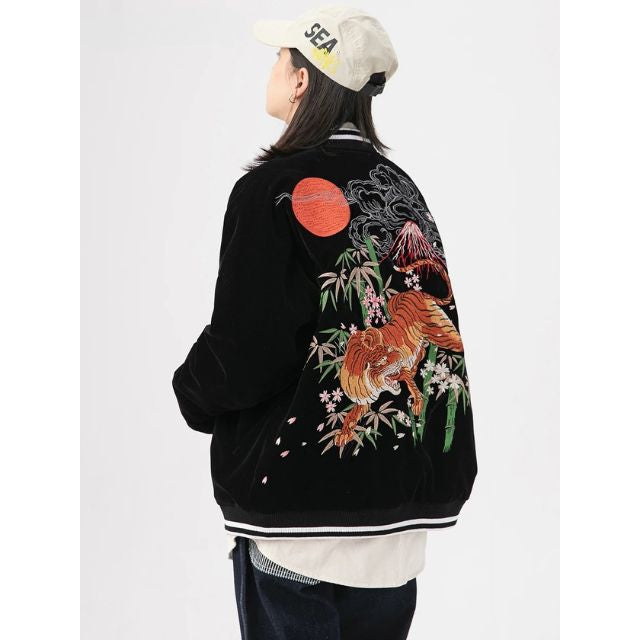 embroidered black souvenir bomber jacket with tiger and mount fuji design – eiyo kimono