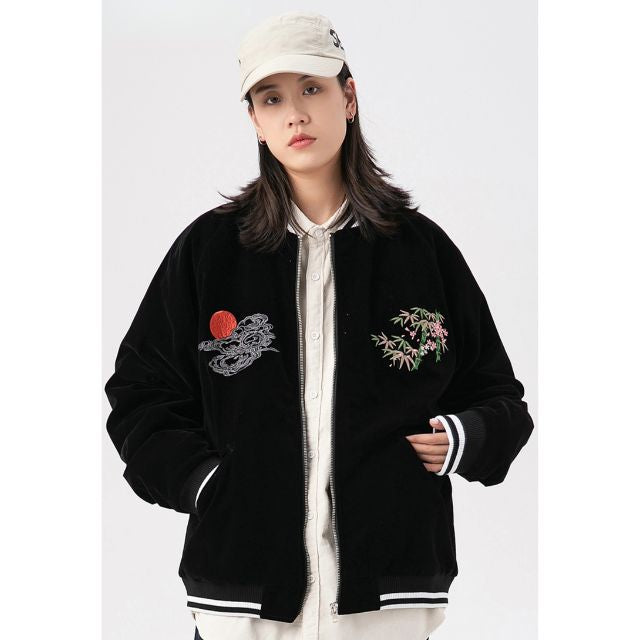 embroidered black souvenir bomber jacket with tiger and mount fuji design – eiyo kimono