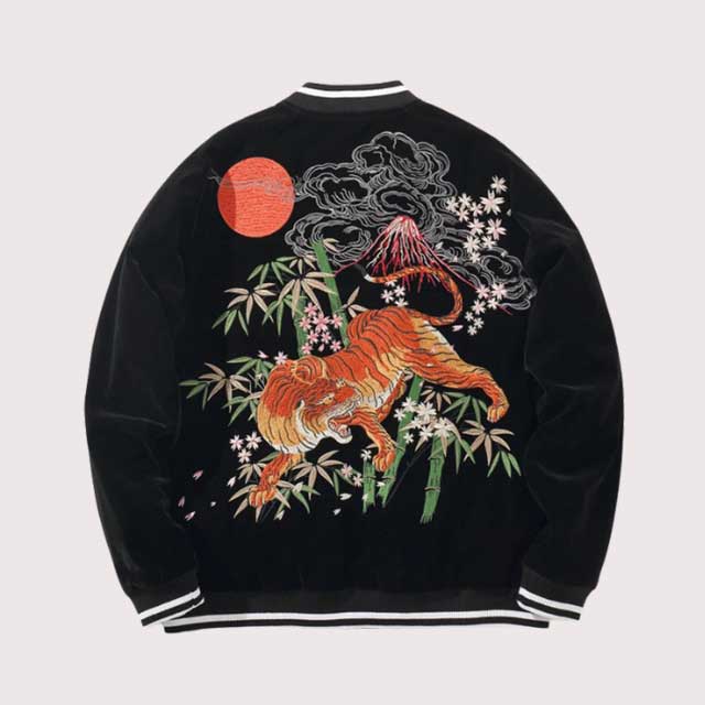 embroidered black souvenir bomber jacket with tiger and mount fuji design – eiyo kimono