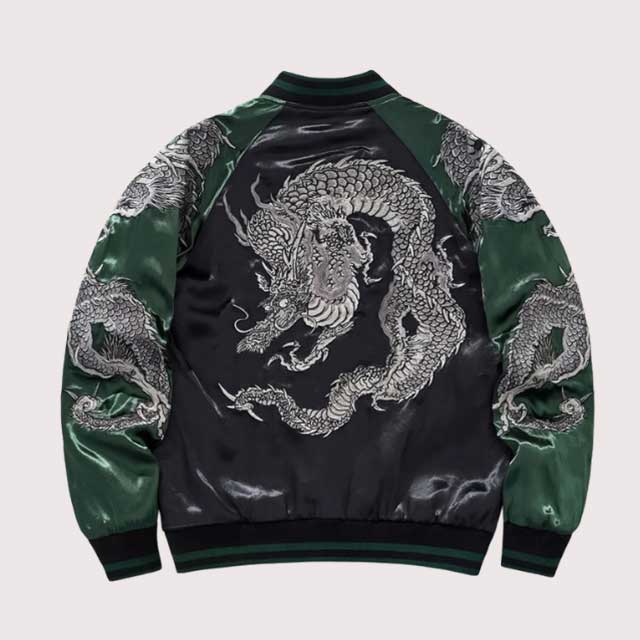 Japanese dragon bomber jacket with satin sleeves in emerald and black by Eiyo Kimono