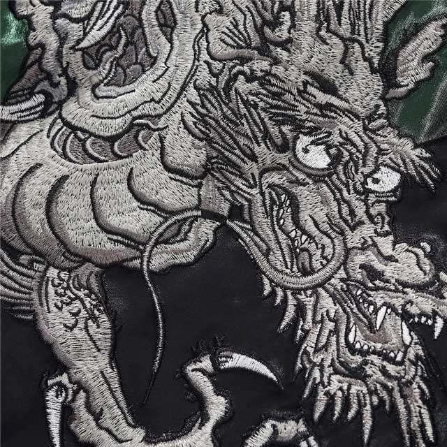 Japanese dragon bomber jacket with satin sleeves in emerald and black by Eiyo Kimono