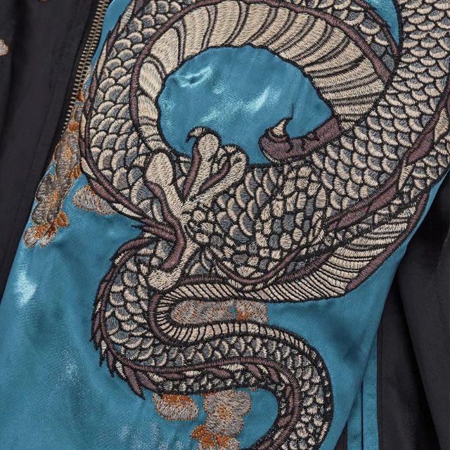 Embroidered teal sukajan jacket with dragon design on satin sleeves by Eiyo Kimono