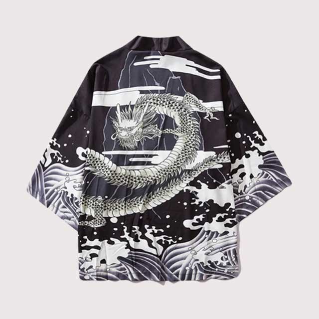 Traditional Japanese kimono cardigan with dragon design background - eiyo kimono