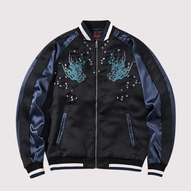 White tiger souvenir jacket with blue flame embroidery on the back, satin bomber style by Eiyo Kimono
