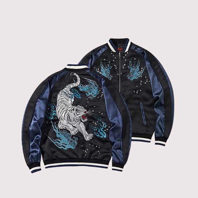 White tiger souvenir jacket with blue flame embroidery on the back, satin bomber style by Eiyo Kimono