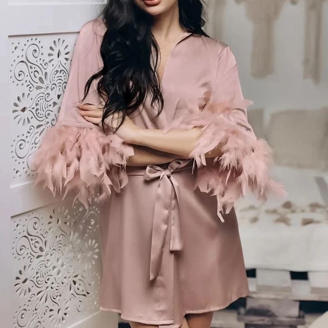 Black satin kimono robe with feather trim sleeves and wrap waist tie - Eiyo Kimono