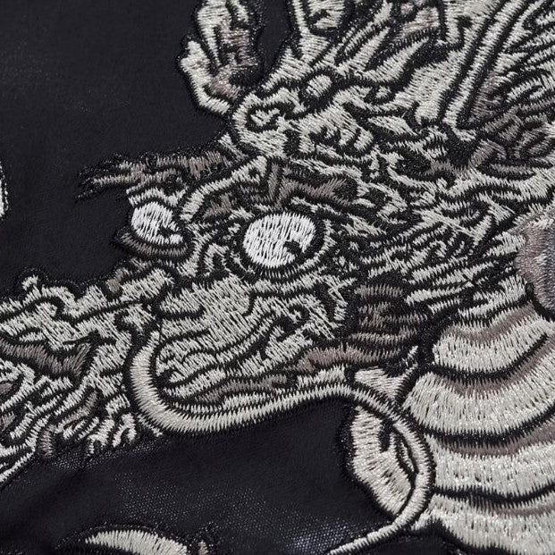Grey Black Sukjan jacket with silver dragon embroidery on black satin fabric - eiyo kimono