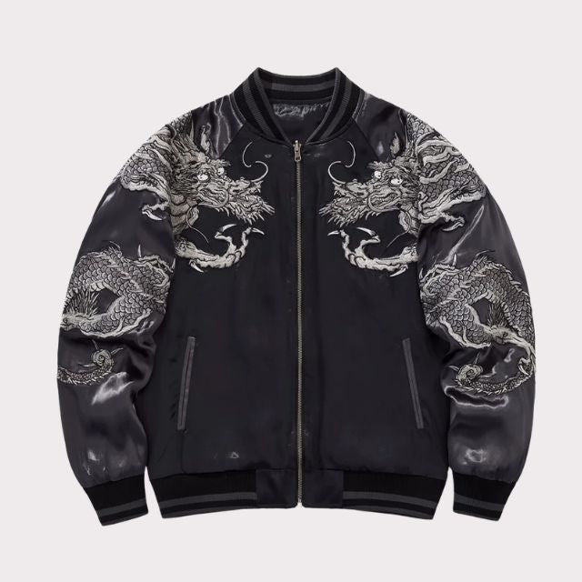 Grey Black Sukjan jacket with silver dragon embroidery on black satin fabric - eiyo kimono