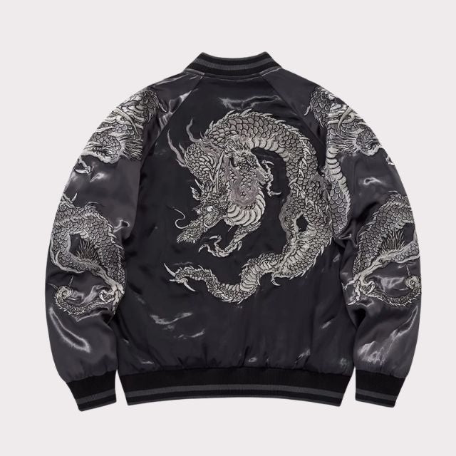 Grey Black Sukjan jacket with silver dragon embroidery on black satin fabric - eiyo kimono