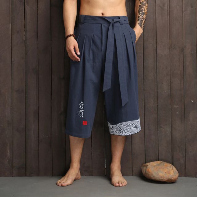Cotton Hakama Pants — japanese cropped hakama pants in black navy white with embroidered calligraphy unisex