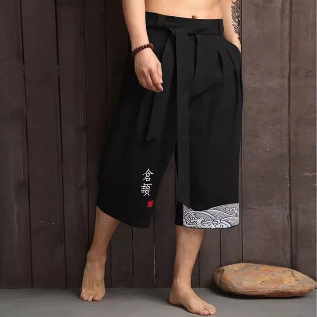 Cotton Hakama Pants — japanese cropped hakama pants in black navy white with embroidered calligraphy unisex