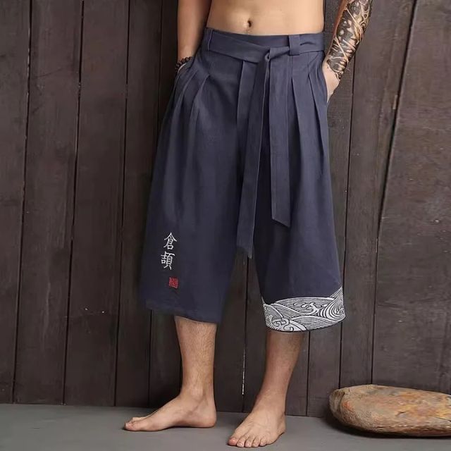 Cotton Hakama Pants — japanese cropped hakama pants in black navy white with embroidered calligraphy unisex
