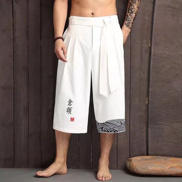 Cotton Hakama Pants — japanese cropped hakama pants in black navy white with embroidered calligraphy unisex