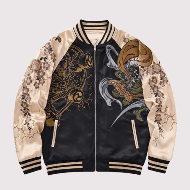 Black and beige satin sukajan jacket with detailed Japanese demon embroidery | Eiyo Kimono