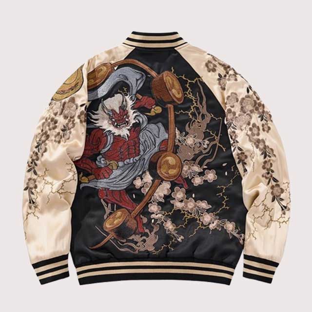 Black and beige satin sukajan jacket with detailed Japanese demon embroidery | Eiyo Kimono