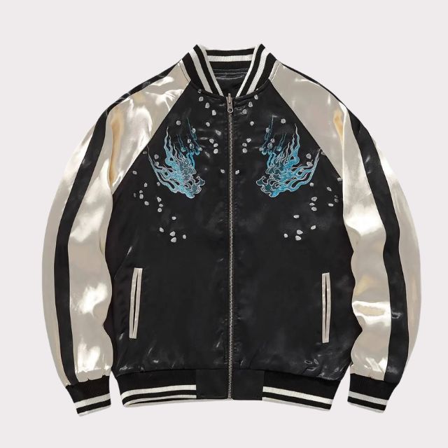 Japanese-style embroidered bomber jacket featuring tiger artwork and satin sleeves - eiyo kimono
