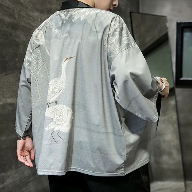 Minimalist grey Japanese haori jacket with wide sleeves and open front - eiyo kimono