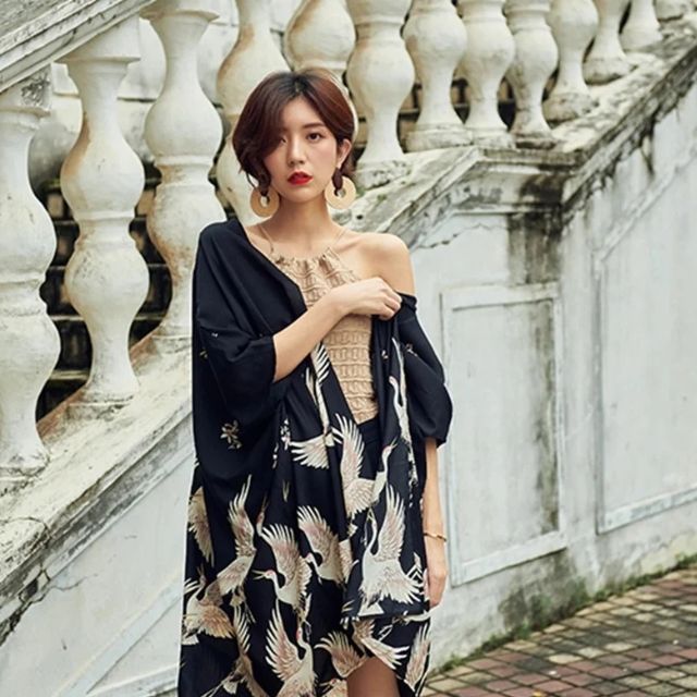 Haori jacket with crane print, lightweight Japanese-style kimono cardigan - eiyo kimono