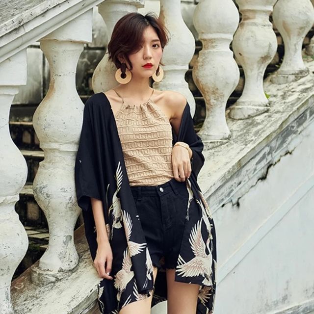 Haori jacket with crane print, lightweight Japanese-style kimono cardigan - eiyo kimono