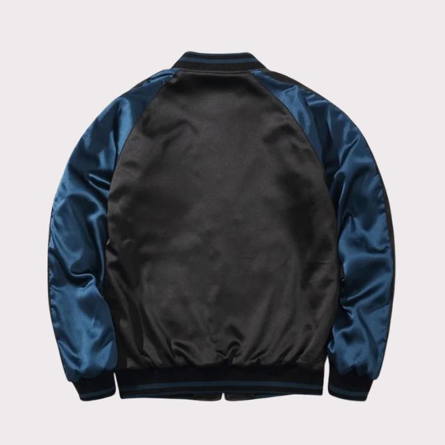 Harajuku sukajan jacket with embroidered back design and contrasting satin sleeves - eiyo kimono